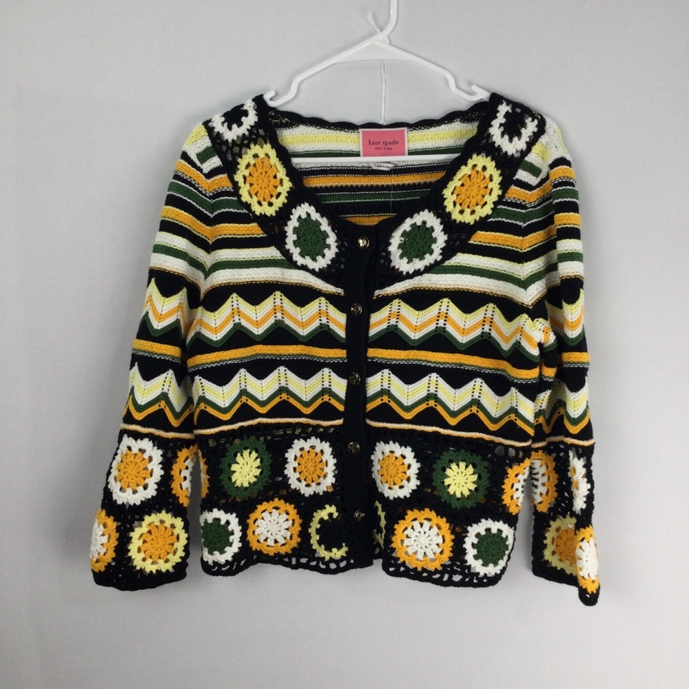 Kate Spade Daisy Black and Yellow Crochet Sweater Cardigan womens size Large NWT